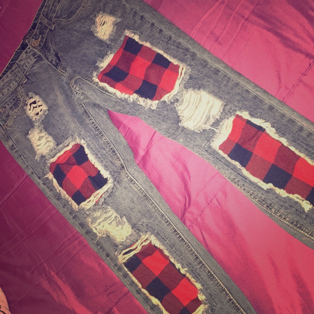 These Are Blue Denim Checkered Plaid -Red , Black